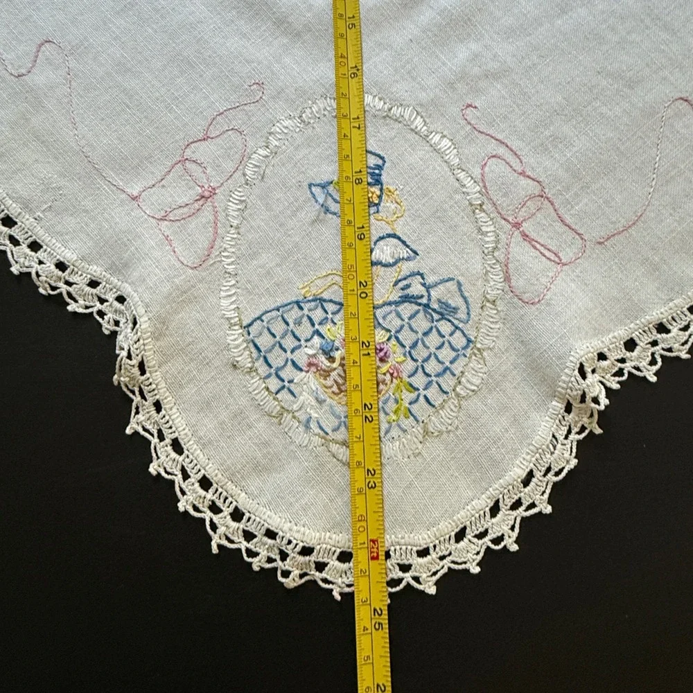 Vintage Embroidered Linen Southern Belle Table Scarf and Purple Crochet Doily